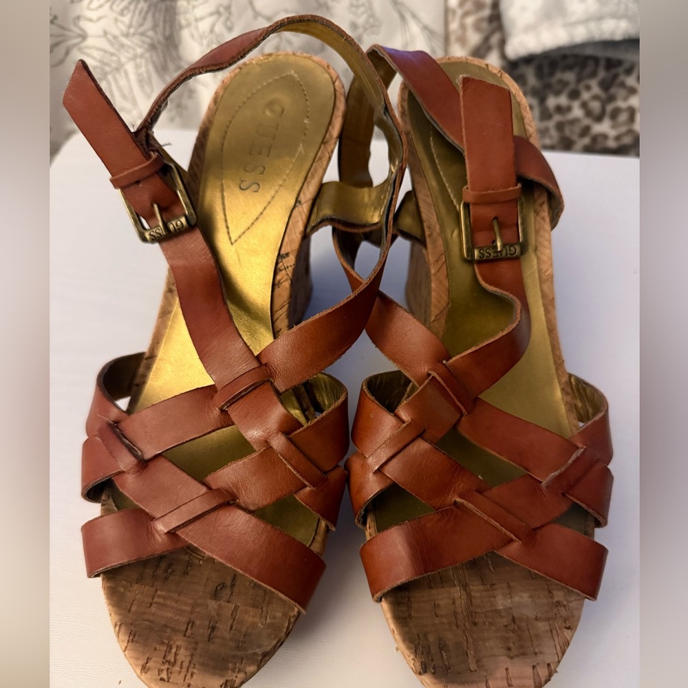 Guess Tan Leather Wedge Sandals